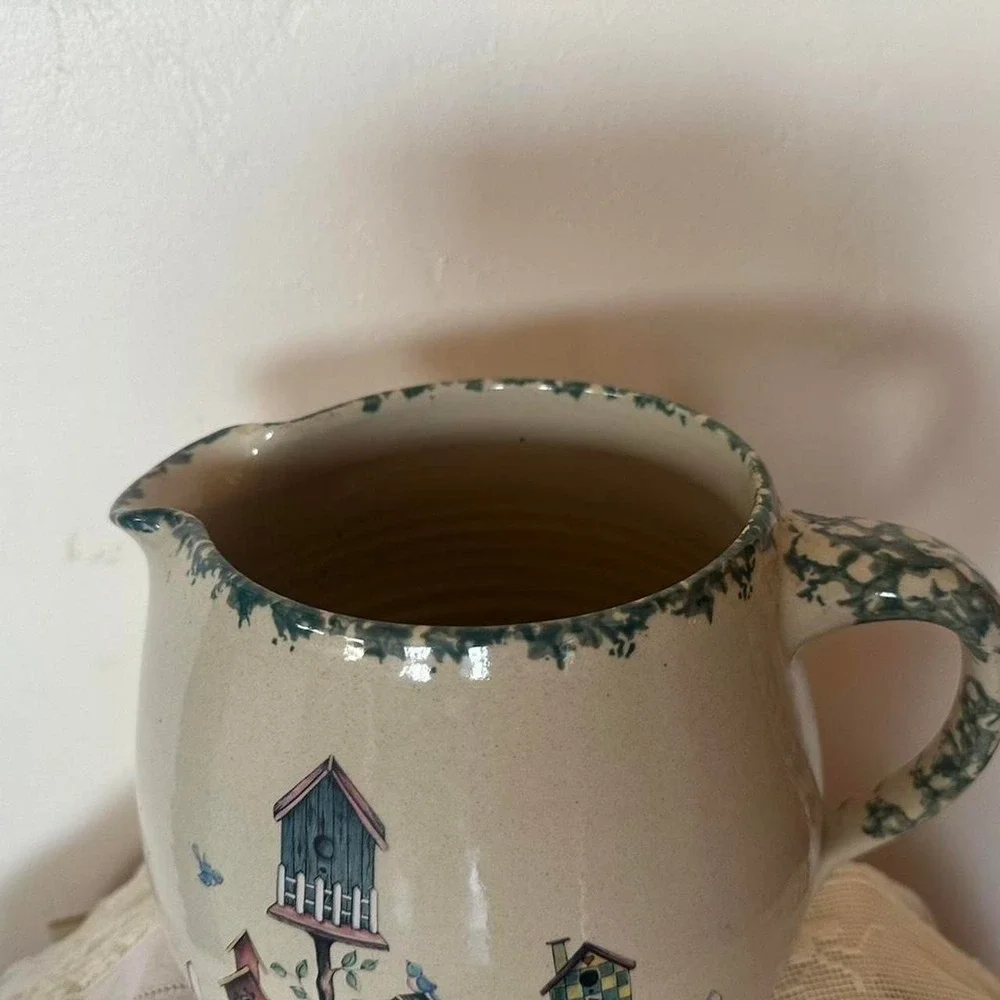 Hand painted ceramic pitcher with birdhouse design signed studio pottery